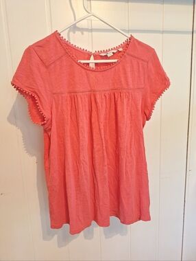 Boden Women's Size 4 Coral Cotton Top - Pom-Pom Trim & Lace Detail Size 8 VGC